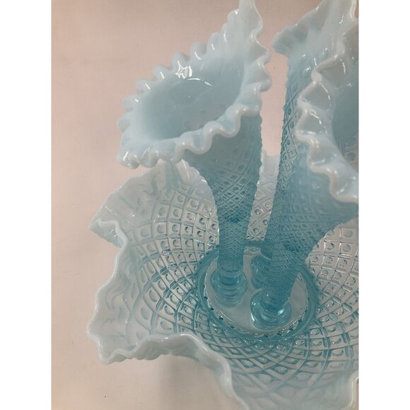 FENTON Glass 10" Flower EPERGNE Sea Blue Opalescent Hobnail Diamond Lace, MINT!! - Picture 2 of 16